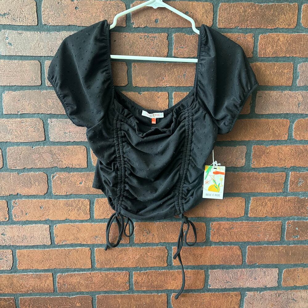 Mele E Pere Womens Milkmaid black tie front Crop Top bows Size Small NWT